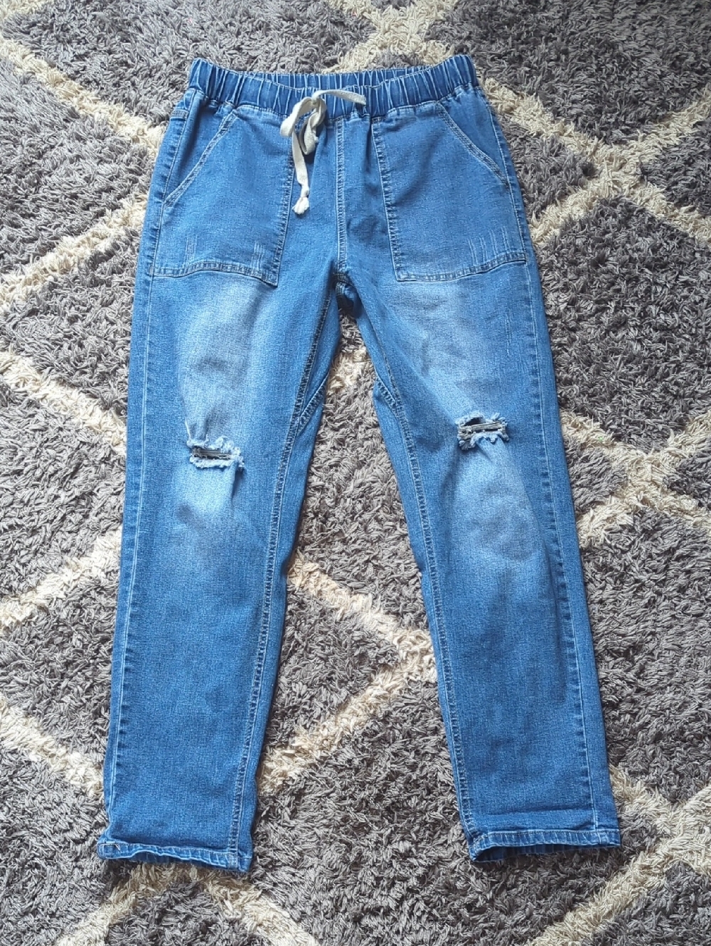 Blue Distressed Denim Elastic Waist Jogger Size 28 / L